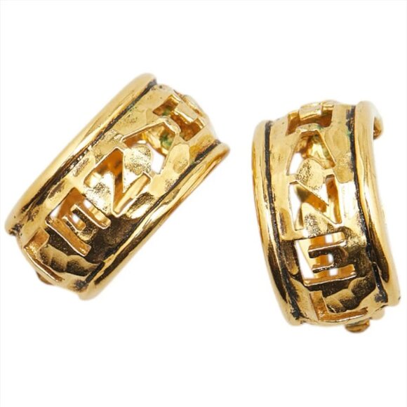 CHANEL Logo Hoop Clip-On Earrings Gold Tone Auth #1283 - Picture 1 of 6